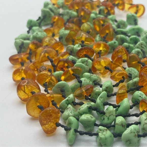 Vtg Sterling Amber Turquoise Pale Green Stone Multi Strand Knotted Silk 18” - Picture 4 of 8